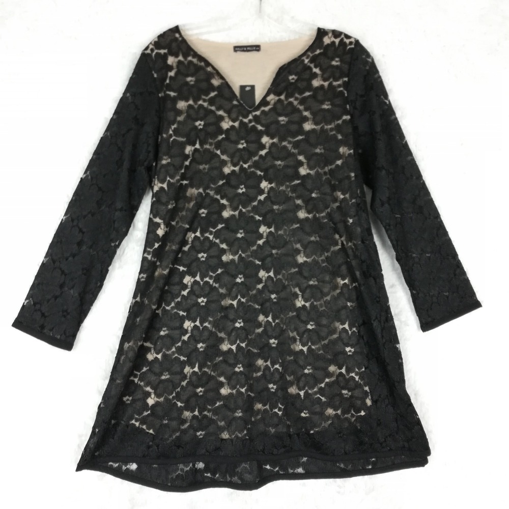 Nally & Millie Womens Top Tunic Black Mesh Floral Jewel Neck XL New